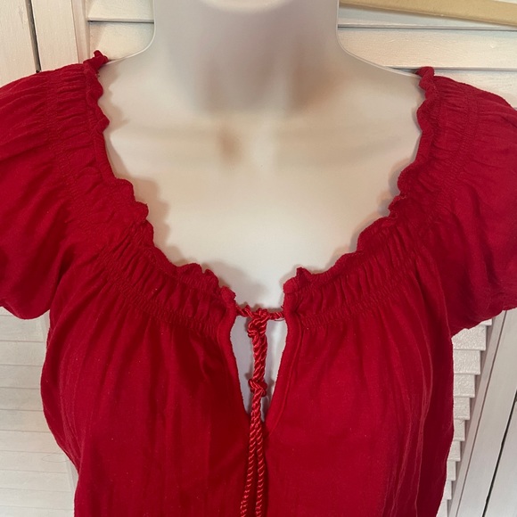 Red Cinched Waist Top Blouse Size XS - Picture 2 of 8